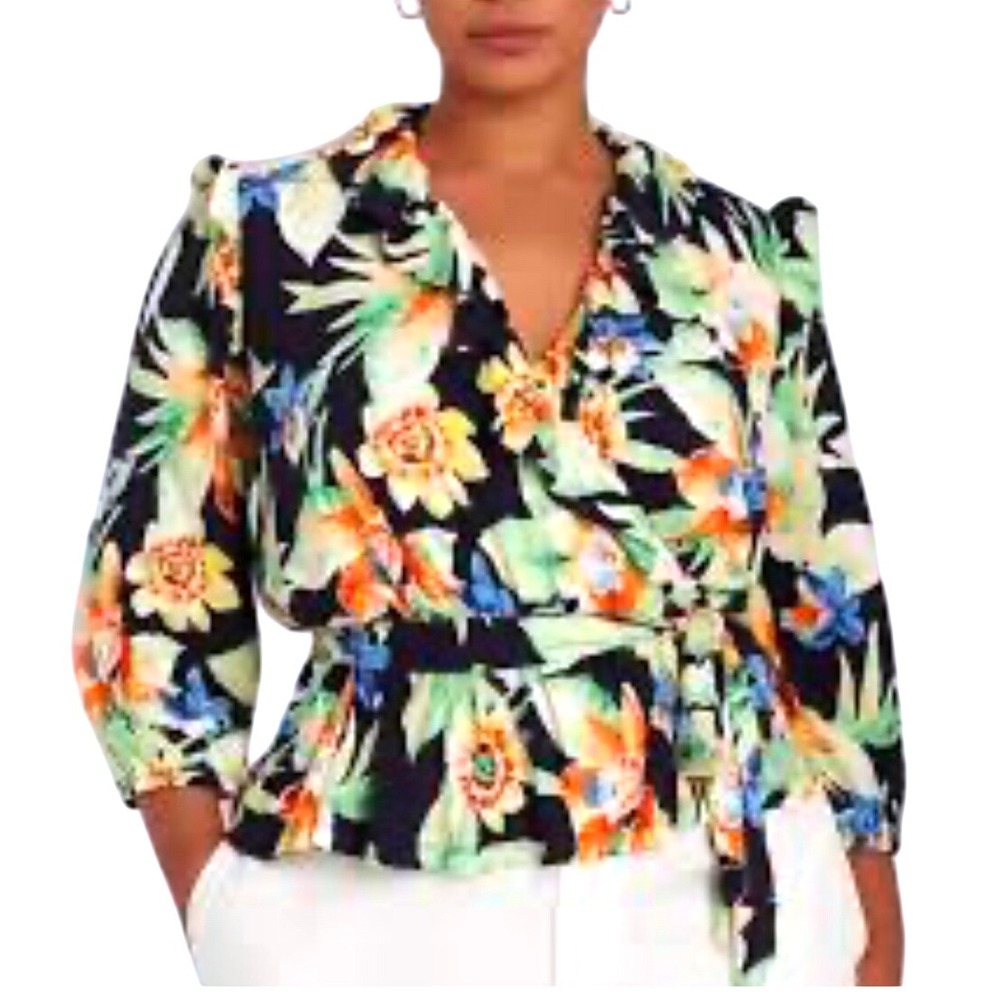 Lauren Ralph Lauren XL Floral Print Peplum Ruffle Blouse‎ Surplice Top Plus Size